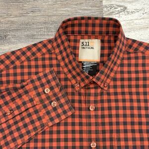 5.11 Tactical Orange Black Gingham Mens M Button‎ Down Utility Flannel Shirt EUC